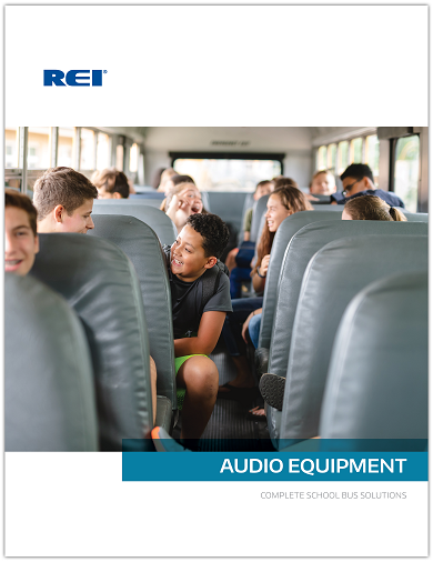 students on school bus, school bus audio equipment brochure